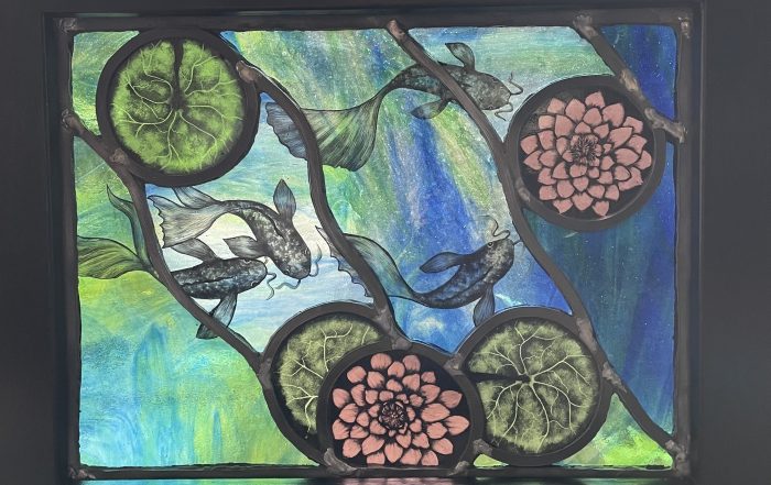 Koi Carp and seahorses bespoke stained glass commission by Christine Saunders