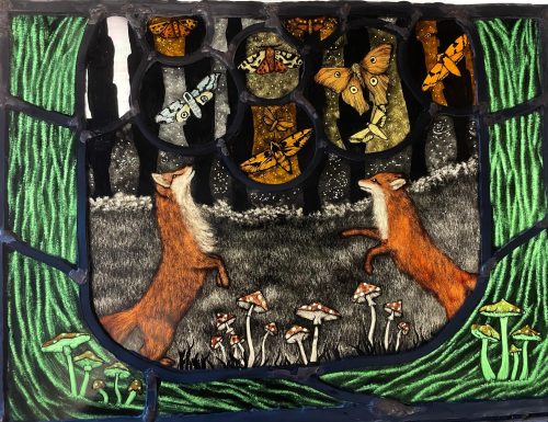 Moth Chasing Foxes handmade stained glass panel by Christine Saunders