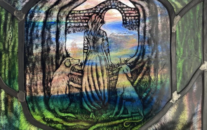Rainbow Bridge pet memorial stained glass commission by Christine Saunders