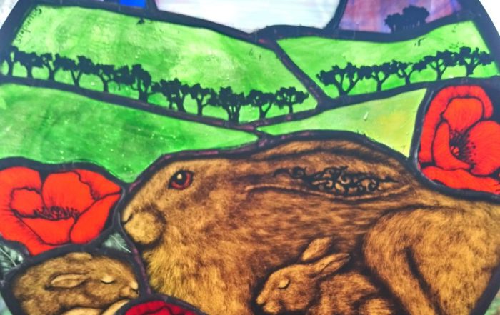 Mother and Baby Amongst the Poppies stained glass artwork by Christine Saunders