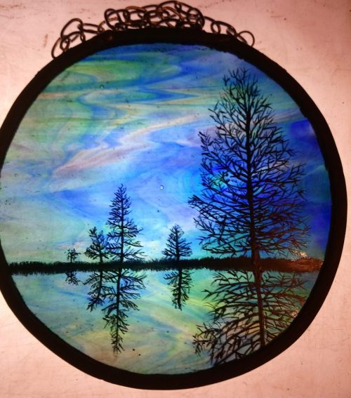 aurora borealis framed stained glass roundel panel