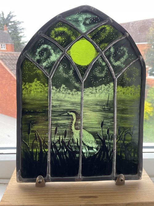 herons pond stained glass panel