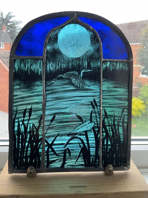 heron and the dragonfly stained glass panel
