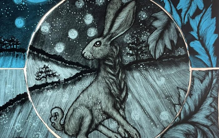 River of Stars moon-gazing hare stained glass panel by Christine Saunders