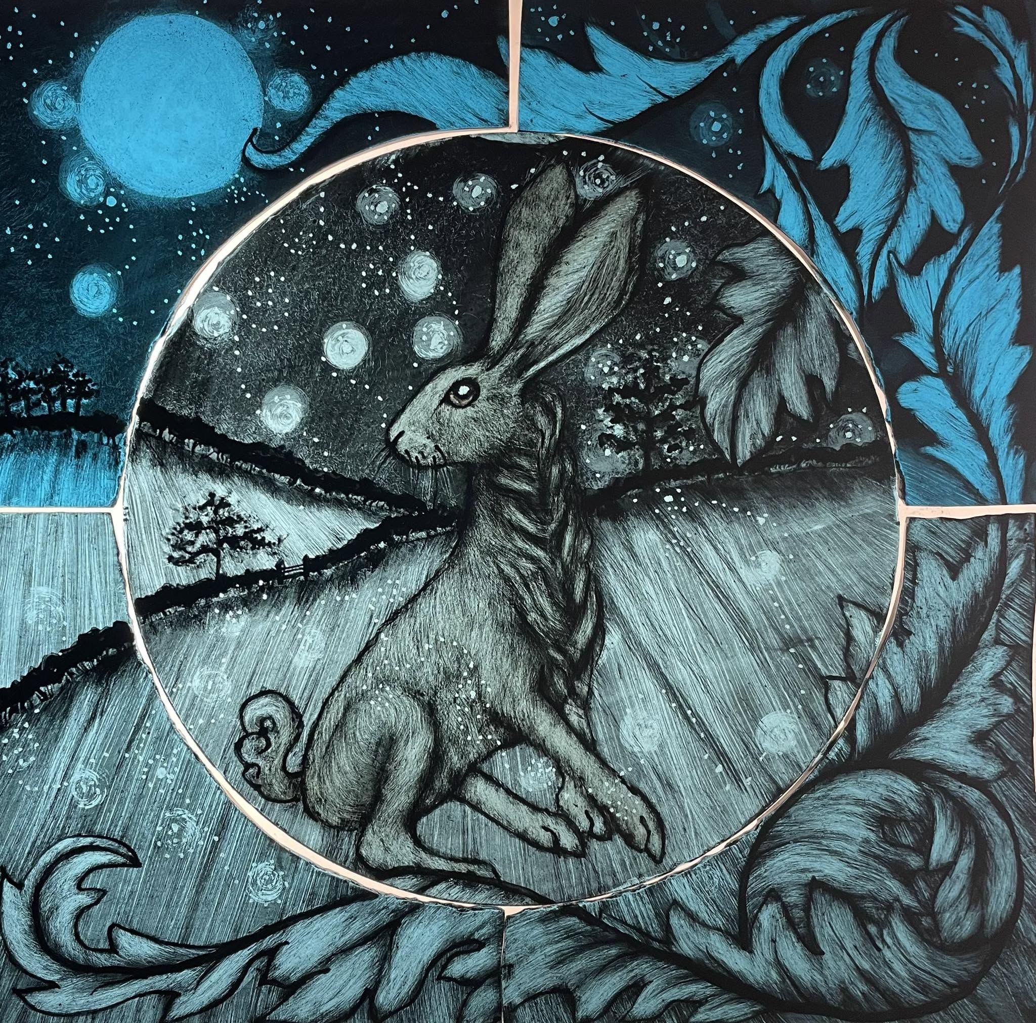 River of Stars moon-gazing hare stained glass panel by Christine Saunders