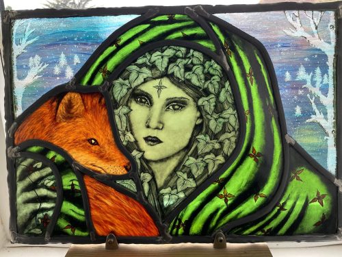 winter-green-lady stained glass panel