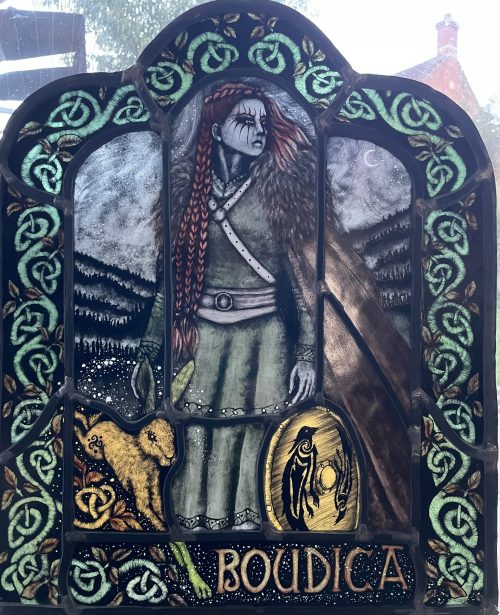 Full Boudica stained glass artwork by Christine Saunders of Amber Dragons, with a hare and Celtic-inspired border