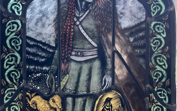 Full Boudica stained glass artwork by Christine Saunders of Amber Dragons, with a hare and Celtic-inspired border