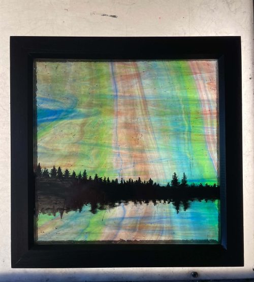 trees aurora borealis stained glass frametrees aurora borealis stained glass in a black frame 9 inches x 9 inches by stained glass artist christine saunders of amber dragons