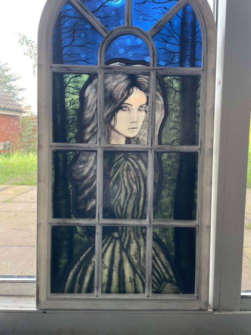 wuthering heights cathy at the window full length stained glass panel